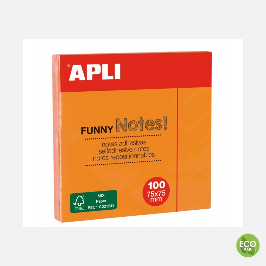 Apli - Notes adhésives Funny 75 x 75 mm - Bloc de 100 feuilles - Couleur orange fluo