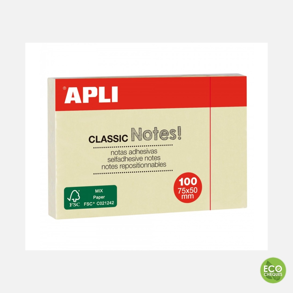 Apli - Notes adhésives 75 x 50 mm - Bloc de 100 feuilles - Couleur jaune