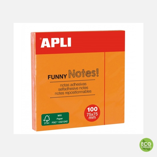 [11900] Apli - Notes adhésives Funny 75 x 75 mm - Bloc de 100 feuilles - Couleur orange fluo